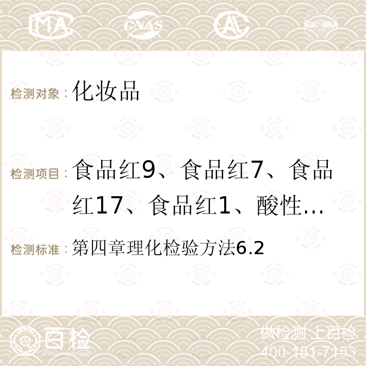 食品红9、食品红7、食品红17、食品红1、酸性红87、酸性橙7、溶剂绿7、橙黄Ⅰ、食品黄3、酸性黄1 第四章理化检验方法6.2  