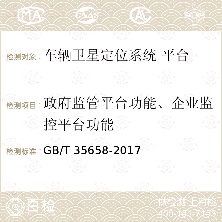 政府监管平台功能、企业监控平台功能 GB/T 35658-2017 道路运输车辆卫星定位系统 平台技术要求