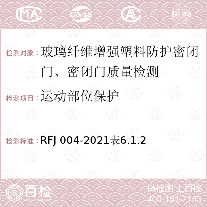 运动部位保护 RFJ 004-2021  表6.1.2