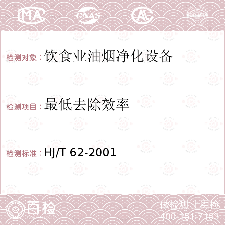 最低去除效率 HJ/T 62-2001 饮食业油烟净化设备技术要求及检测技术规范(试行)