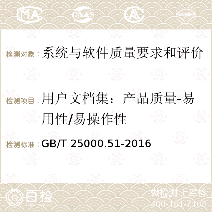 用户文档集：产品质量-易用性/易操作性 GB/T 25000.51-2016 系统与软件工程 系统与软件质量要求和评价(SQuaRE) 第51部分:就绪可用软件产品(RUSP)的质量要求和测试细则