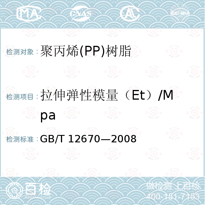 拉伸弹性模量（Et）/Mpa GB/T 12670-2008 聚丙烯(PP)树脂