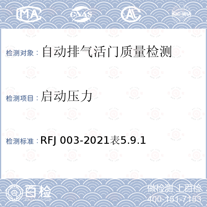 启动压力 RFJ 003-2021  表5.9.1