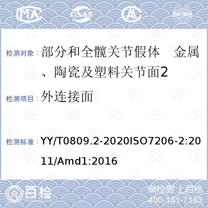 外连接面 YY/T 0809.2-2020 外科植入物 部分和全髋关节假体 第2部分：金属、陶瓷及塑料关节面