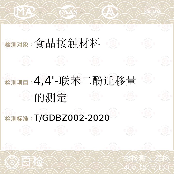 4,4'-联苯二酚迁移量的测定 DBZ 002-2020  T/GDBZ002-2020