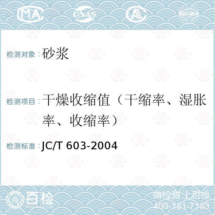 干燥收缩值（干缩率、湿胀率、收缩率） JC/T 603-2004 水泥胶砂干缩试验方法