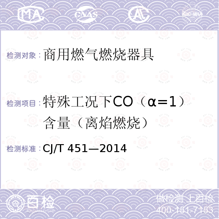 特殊工况下CO（α=1）含量（离焰燃烧） CJ/T 451-2014 商用燃气燃烧器具通用技术条件