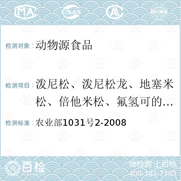 泼尼松、泼尼松龙、地塞米松、倍他米松、氟氢可的松、甲基泼尼松、倍氯米松、氢化可的松 农业部1031号2-2008  