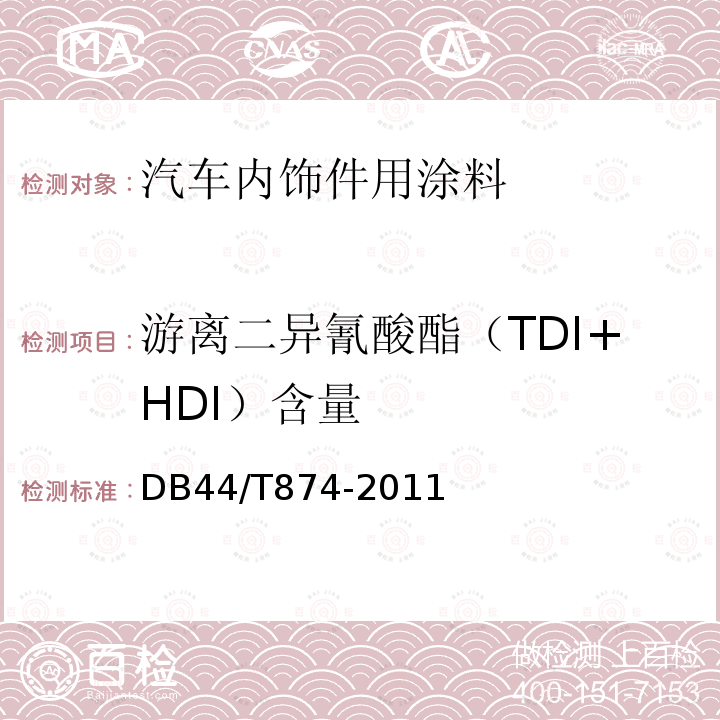 游离二异氰酸酯（TDI+HDI）含量 DB44/T 874-2011 汽车内饰件用涂料