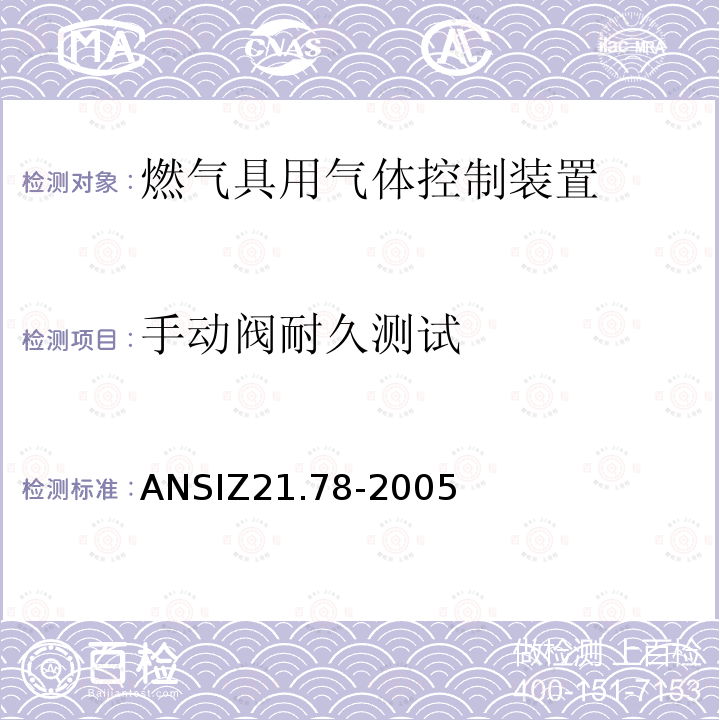 手动阀耐久测试 手动阀耐久测试 ANSIZ21.78-2005