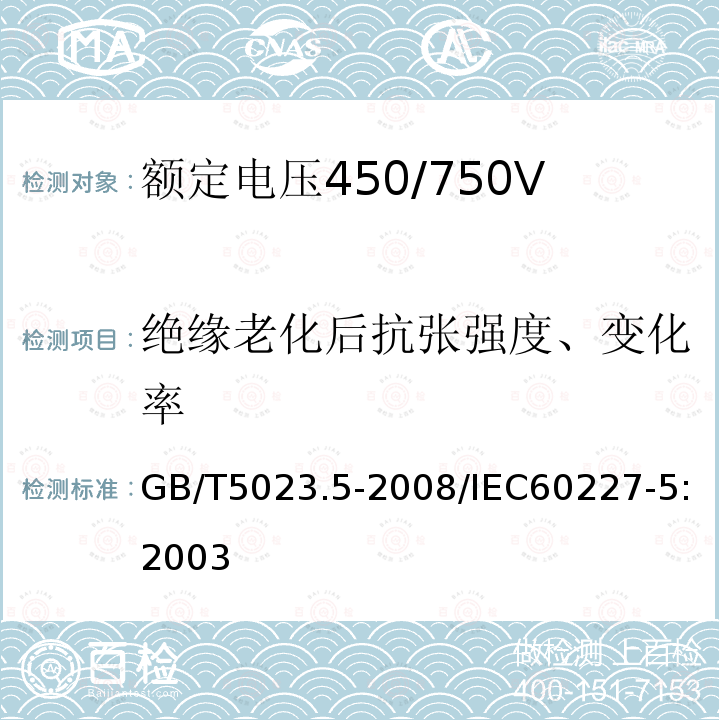 绝缘老化后抗张强度、变化率 GB/T 5023.5-2008 额定电压450/750V及以下聚氯乙烯绝缘电缆 第5部分:软电缆(软线)