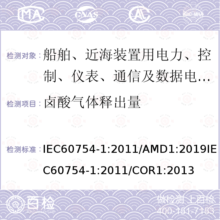 卤酸气体释出量 IEC 60754-1-2011 取自电缆的材料燃烧时释出气体的试验 第1部分:卤酸气体总量的测定