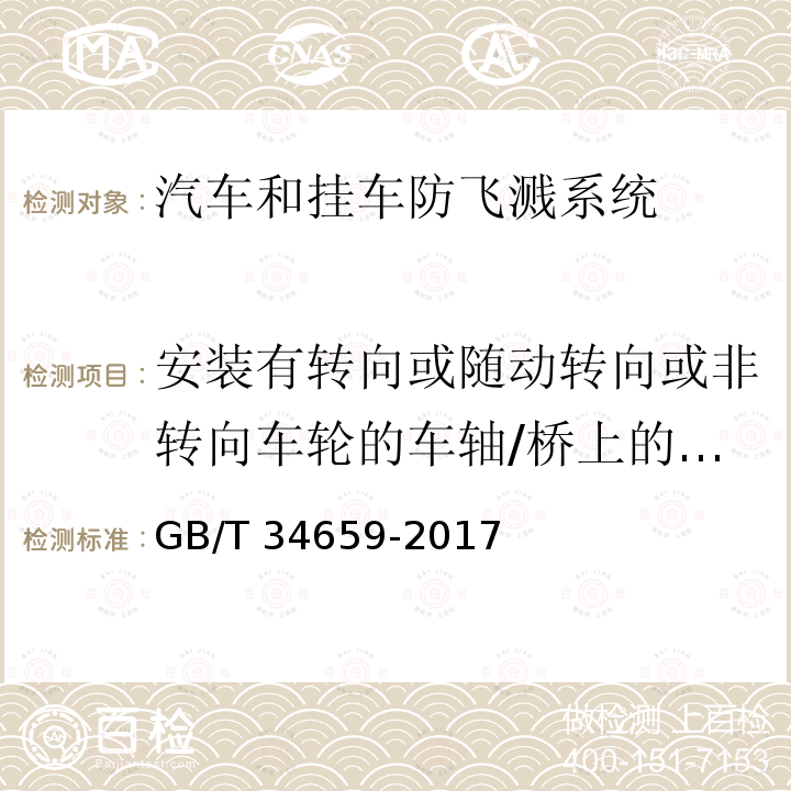 安装有转向或随动转向或非转向车轮的车轴/桥上的能量吸收型防飞溅系统 GB 34659-2017 汽车和挂车防飞溅系统性能要求和测量方法