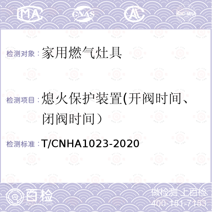熄火保护装置(开阀时间、闭阀时间） A 1023-2020 熄火保护装置(开阀时间、闭阀时间） T/CNHA1023-2020