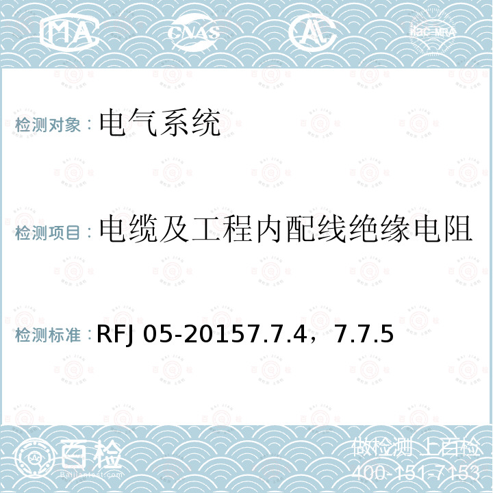 电缆及工程内配线绝缘电阻 RFJ 05-2015  7.7.4，7.7.5