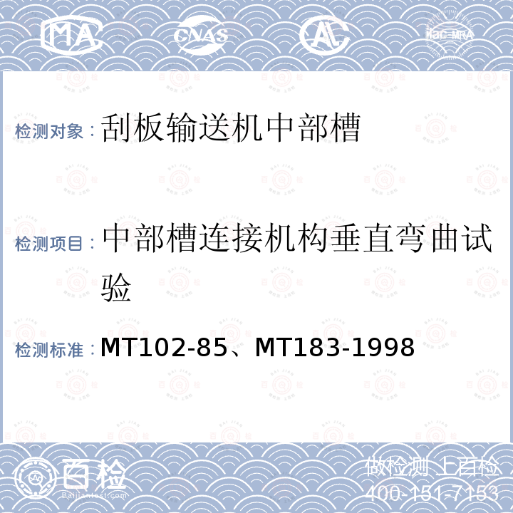 中部槽连接机构垂直弯曲试验 MT 183-1998  MT102-85、MT183-1998