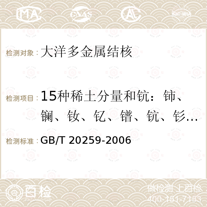 15种稀土分量和钪：铈、镧、钕、钇、镨、钪、钐、钆、镝、镱、铒、钬、铕、铥、铽、镥等稀土元素和钪 GB/T 20259-2006 大洋多金属结核化学分析方法