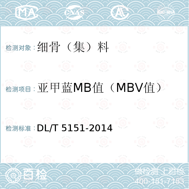 亚甲蓝MB值（MBV值） DL/T 5151-2014 水工混凝土砂石骨料试验规程(附条文说明)