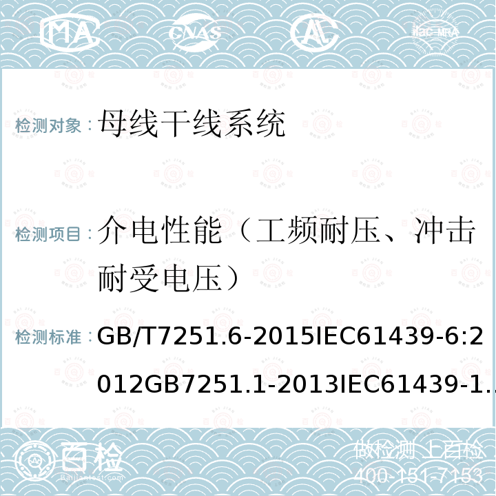 介电性能（工频耐压、冲击耐受电压） GB/T 7251.6-2015 【强改推】低压成套开关设备和控制设备 第6部分:母线干线系统(母线槽)