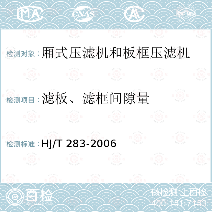 滤板、滤框间隙量 HJ/T 283-2006 环境保护产品技术要求 厢式压滤机和板框压滤机