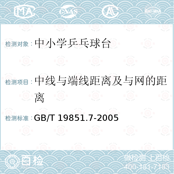 中线与端线距离及与网的距离 GB/T 19851.7-2005 中小学体育器材和场地 第7部分:乒乓球台