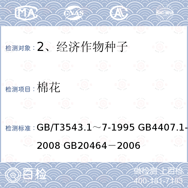 棉花 GB/T 3543.1～7-1995  GB/T3543.1～7-1995 GB4407.1-2008 GB20464－2006