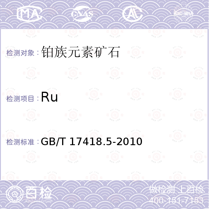 Ru GB/T 17418.5-2010 地球化学样品中贵金属分析方法 第5部分:钌量和锇量的测定 蒸馏分离-催化分光光度法