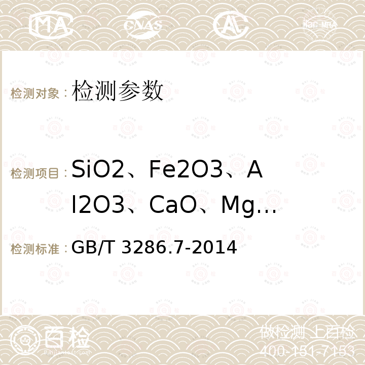 SiO2、Fe2O3、Al2O3、CaO、MgO、P、S、LOI GB/T 3286.7-2014 石灰石及白云石化学分析方法 第7部分:硫含量的测定 管式炉燃烧-碘酸钾滴定法、高频燃烧红外吸收法和硫酸钡重量法