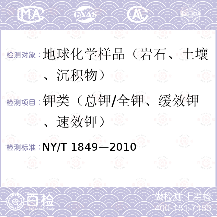 钾类（总钾/全钾、缓效钾、速效钾） NY/T 1849-2010 酸性土壤铵态氮、有效磷、速效钾的测定 联合浸提-比色法