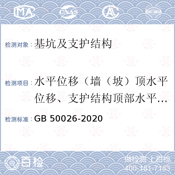 水平位移（墙（坡）顶水平位移、支护结构顶部水平位移、基坑壁侧向位移） GB 50026-2020 工程测量标准