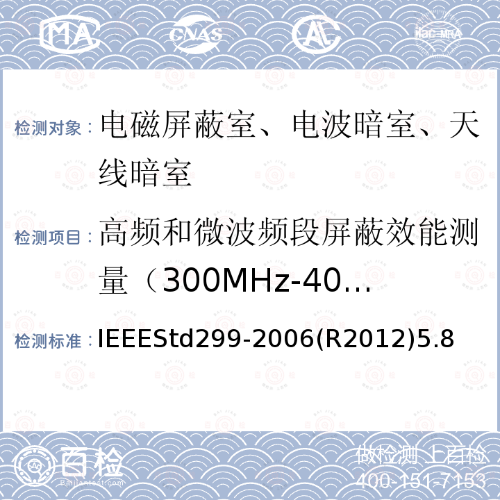 高频和微波频段屏蔽效能测量（300MHz-40GHz） IEEESTD 299-2006  IEEEStd299-2006(R2012)5.8