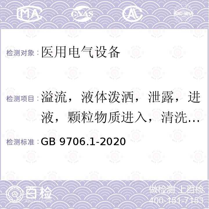 溢流，液体泼洒，泄露，进液，颗粒物质进入，清洗，消毒，灭菌和医用电气设备一起使用物质的兼容性 GB 9706.1-2020 医用电气设备 第1部分：基本安全和基本性能的通用要求