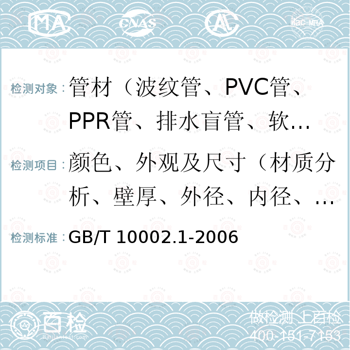颜色、外观及尺寸（材质分析、壁厚、外径、内径、不圆度、弯曲度、不透光性） GB/T 10002.1-2006 给水用硬聚氯乙烯(PVC-U)管材