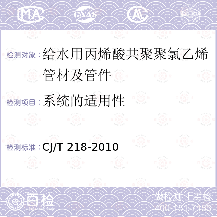 系统的适用性 CJ/T 218-2010 给水用丙烯酸共聚聚氯乙烯管材及管件