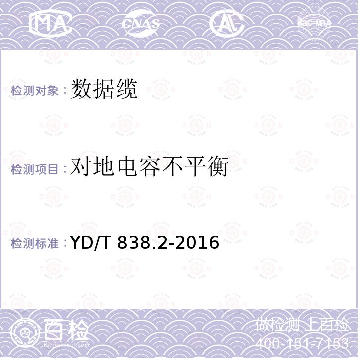 对地电容不平衡 YD/T 838.2-2016 数字通信用对绞/星绞对称电缆 第2部分:水平对绞电缆