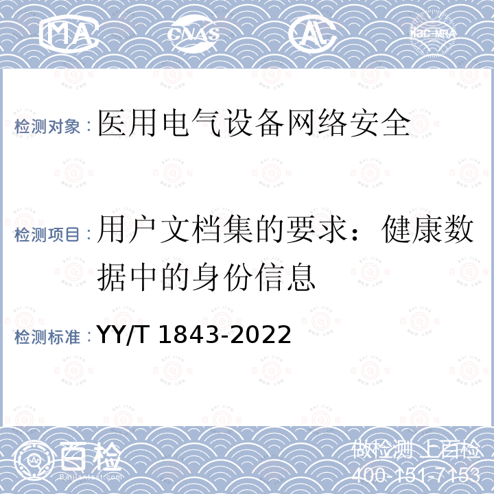 用户文档集的要求：健康数据中的身份信息 YY/T 1843-2022 医用电气设备网络安全基本要求