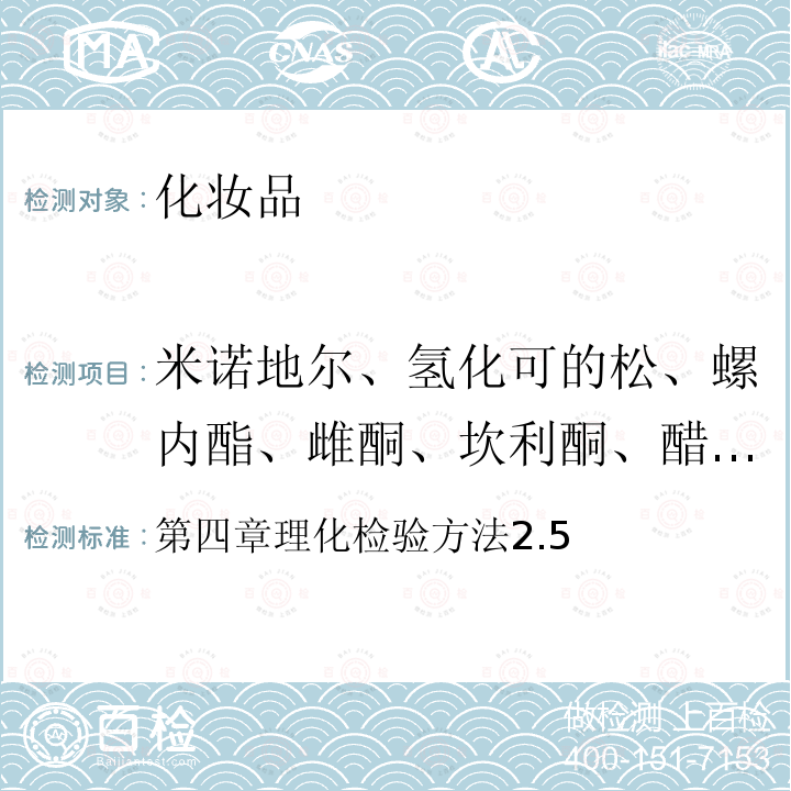 米诺地尔、氢化可的松、螺内酯、雌酮、坎利酮、醋酸曲安奈德、黄体酮 第四章理化检验方法2.5  