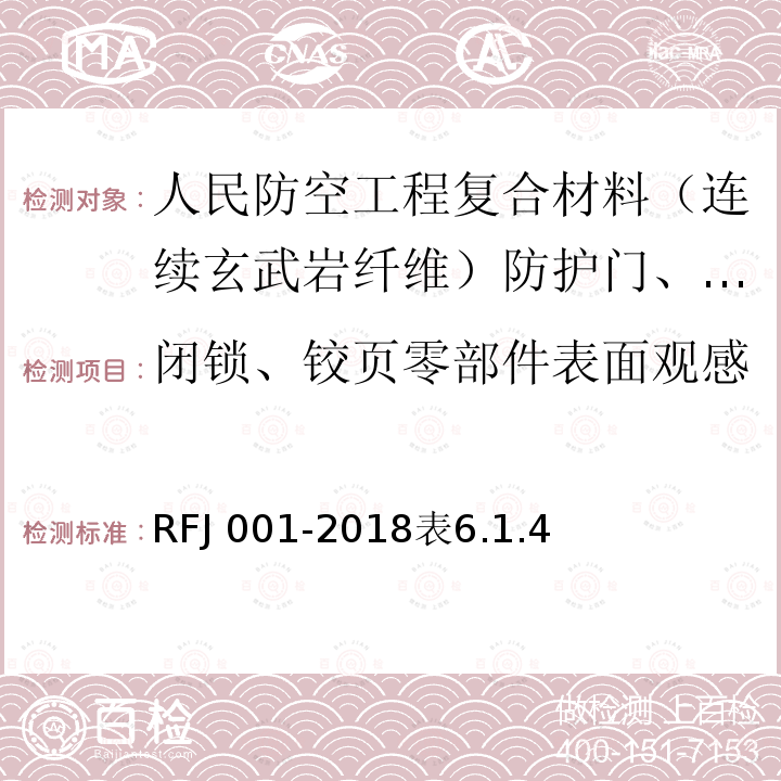 闭锁、铰页零部件表面观感 RFJ 001-2018  表6.1.4