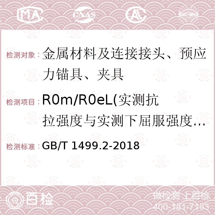 R0m/R0eL(实测抗拉强度与实测下屈服强度之比） R0m/R0eL(实测抗拉强度与实测下屈服强度之比） GB/T 1499.2-2018