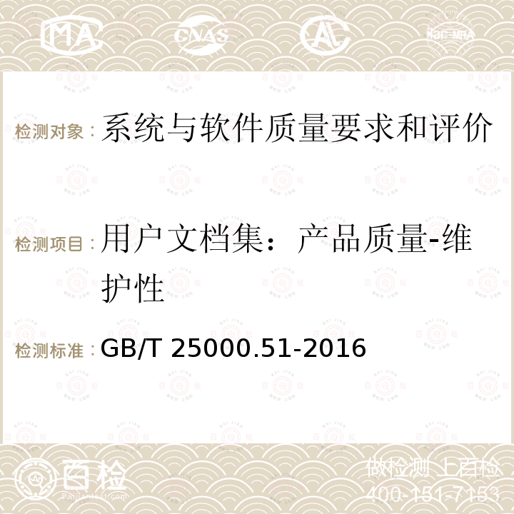 用户文档集：产品质量-维护性 GB/T 25000.51-2016 系统与软件工程 系统与软件质量要求和评价(SQuaRE) 第51部分:就绪可用软件产品(RUSP)的质量要求和测试细则