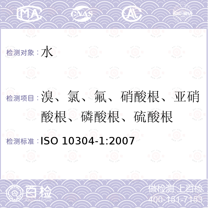 溴、氯、氟、硝酸根、亚硝酸根、磷酸根、硫酸根 ISO 10304-1-2007 水质 用离子液相色谱法测定溶解的阴离子 第1部分:溴化物、氯化物、氟化物、硝酸盐、亚硝酸盐、磷酸盐和硫酸盐的测定 第2版 代替ISO 10304-2