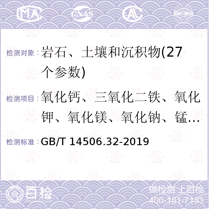 氧化钙、三氧化二铁、氧化钾、氧化镁、氧化钠、锰(氧化锰)、磷(五氧化二磷)、钛(二氧化钛)、钒、锌 GB/T 14506.32-2019 硅酸盐岩石化学分析方法 第32部分：三氧化二铝等20个成分量测定 混合酸分解-电感耦合等离子体原子发射光谱法