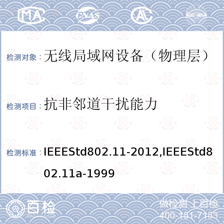 抗非邻道干扰能力 IEEESTD 802.11-2012  IEEEStd802.11-2012,IEEEStd802.11a-1999