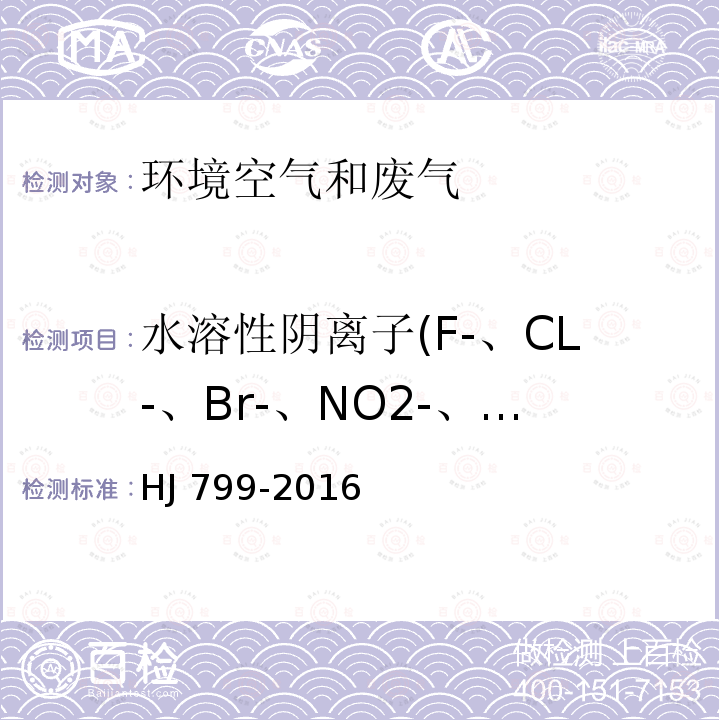 水溶性阴离子(F-、CL-、Br-、NO2-、PO43-、SO32-、SO42-) HJ 799-2016 环境空气 颗粒物中水溶性阴离子（F-、Cl-、Br-、NO2-、NO3-、PO43-、SO32-、SO42-）的测定 离子色谱法