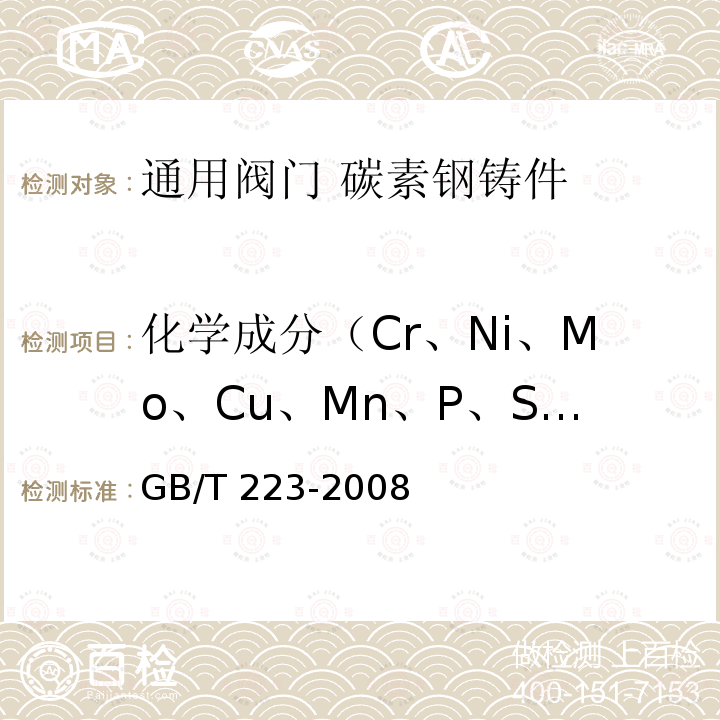 化学成分（Cr、Ni、Mo、Cu、Mn、P、Si、C、S、V、） GB/T 223-2008  