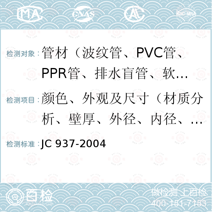 颜色、外观及尺寸（材质分析、壁厚、外径、内径、不圆度、弯曲度、不透光性） JC/T 937-2004 【强改推】软式透水管