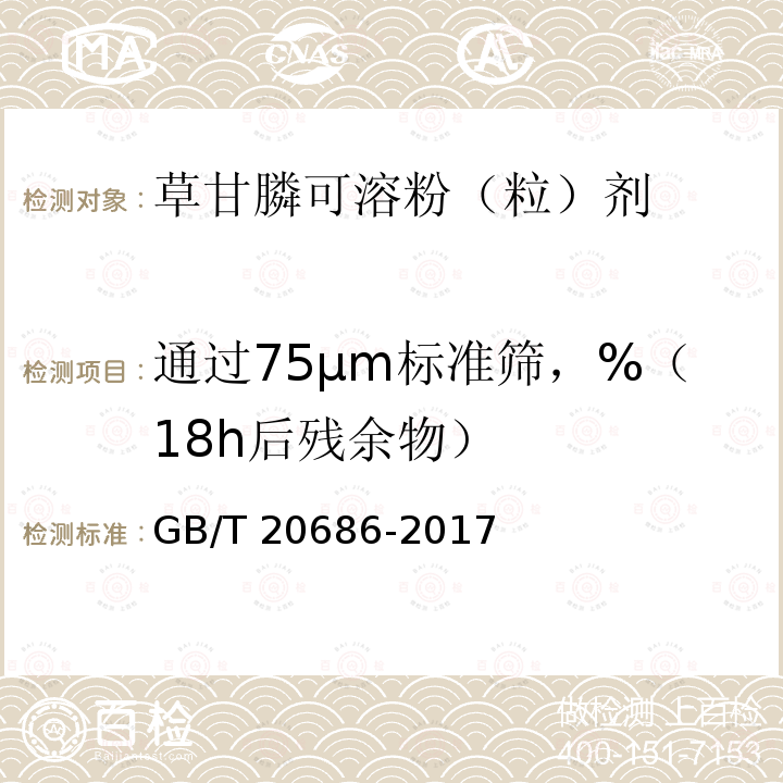 通过75μm标准筛，%（18h后残余物） GB/T 20686-2017 草甘膦可溶粉（粒）剂