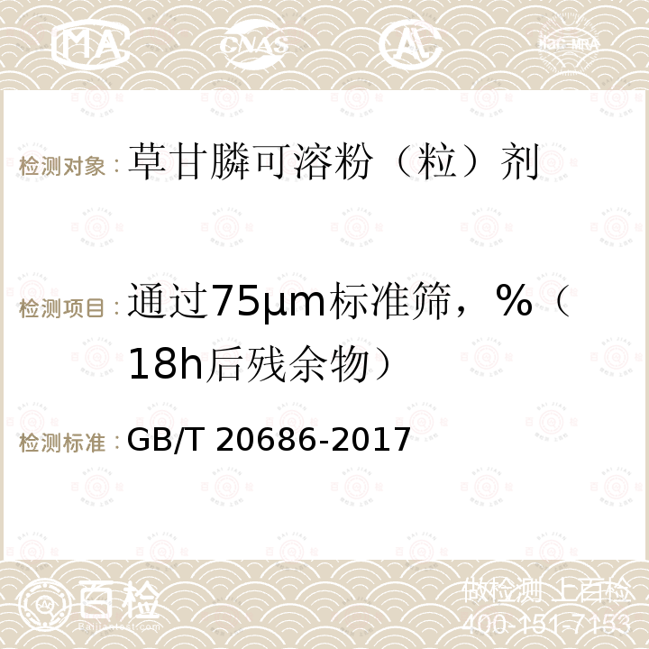 通过75μm标准筛，%（18h后残余物） 通过75μm标准筛，%（18h后残余物） GB/T 20686-2017