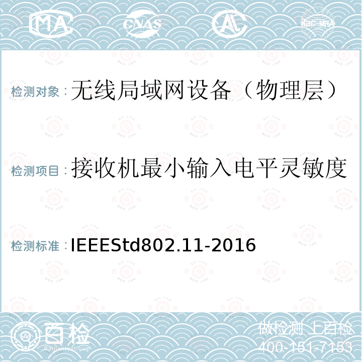 接收机最小输入电平灵敏度 IEEESTD 802.11-2016  IEEEStd802.11-2016