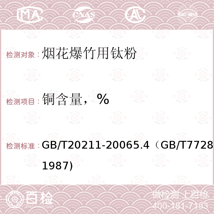 铜含量，% GB/T 20211-2006 烟花爆竹用钛粉